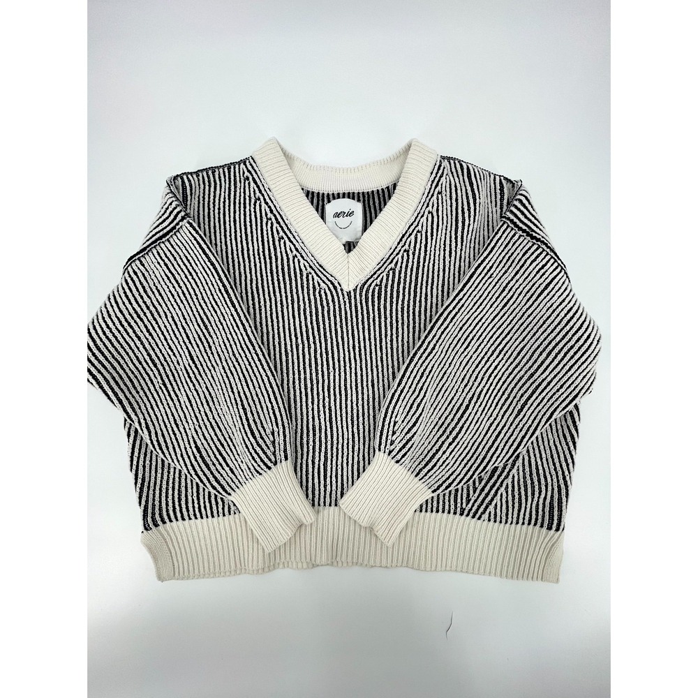 Aerie Beyond Chenille Sweater Womens Medium Black Beige Striped Knit V Neck